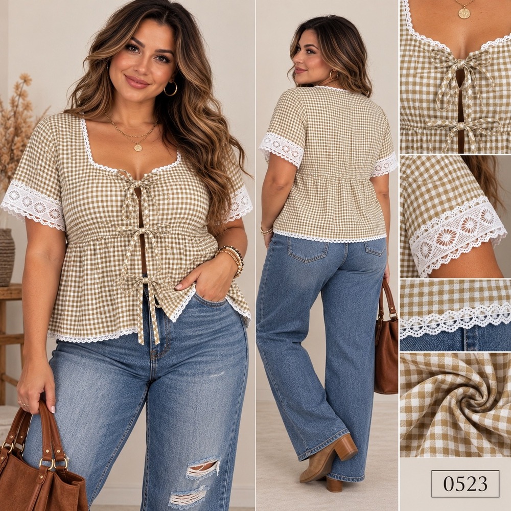 Bagatelle Collection Tan Gingham Lace Trim Cottagecore Tie Front Top XL 0523